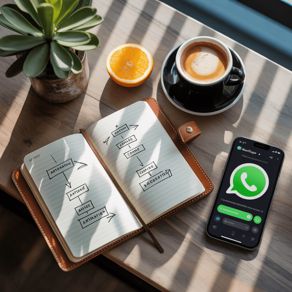 Mesa de trabajo con libreta de flujo de automatización